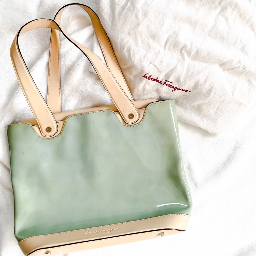 Vintage Ferragamo aqua patent Bucket Bag